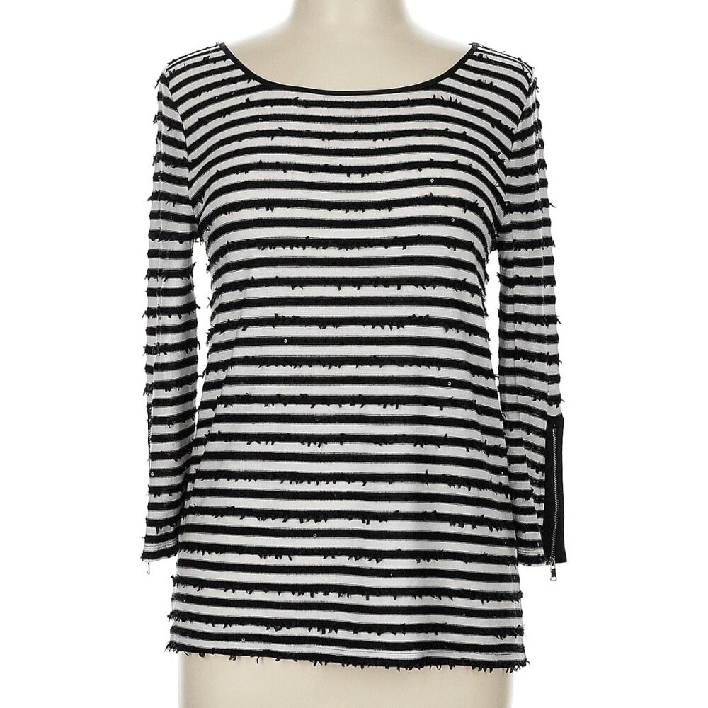 ANN TAYLOR Black White Striped Sequins Fringe 3/4 Sleeve Zipper Detail Knit Top